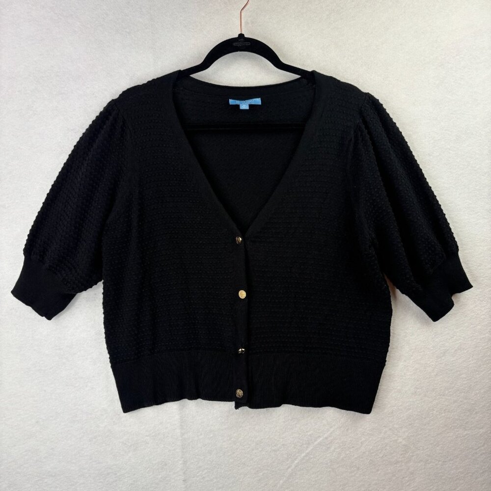 Draper James Sweater Womens XL Black Short Sleeve Gold Buttons V Neck Knit